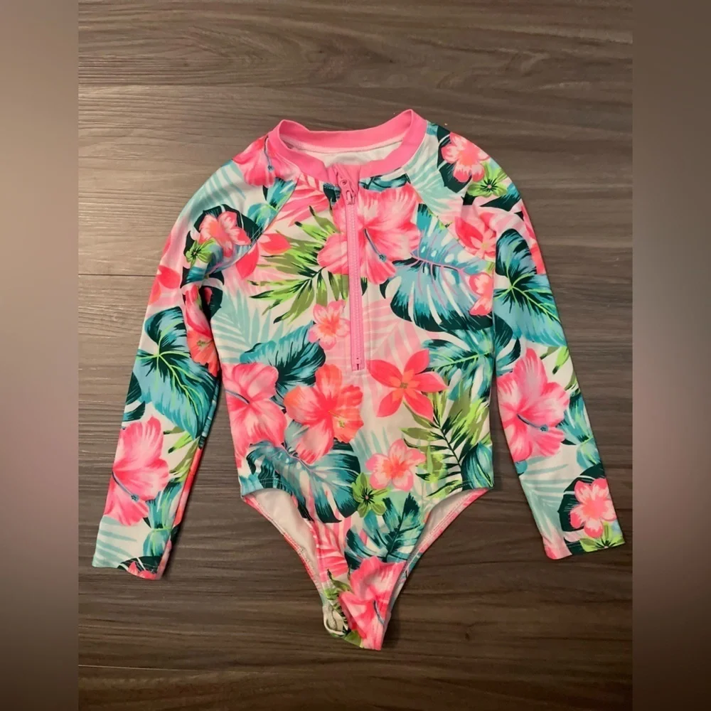 Wonder Nation Pink and Green Vibrant Floral Kids Rashguard one piece size 4T